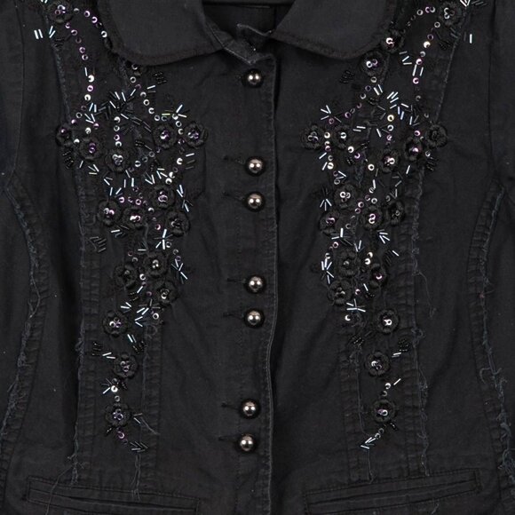 Venezia Embellished Jacket 14 16 Womens Button Up Black Fashion Rough Hem Sequin - Picture 3 of 5